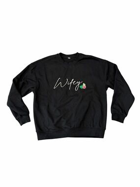 Wifey Embroidery Tropical Oversized Pullover Black Long Sleeve Women’s Bride